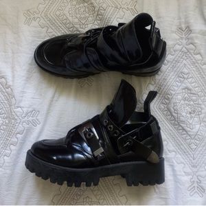 Wild Diva patent buckle cut-out boots